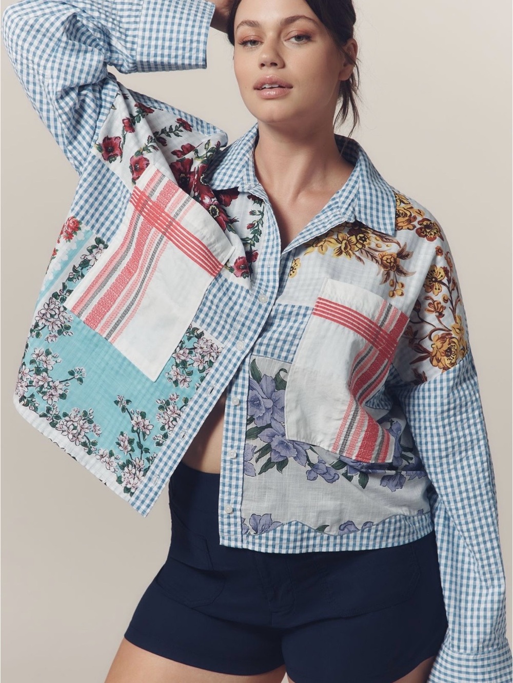 Anthropologie Maeve Long-Sleeve Patchwork Tea Towel Buttondown Shirt - 1X